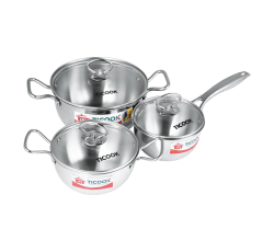 BỘ NỒI QUÁNH 3 MÓN -  INOX 304 3 LỚP NẮP KIẾNG ĐÁY TỪ TICOOK