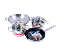 BỘ NỒI CHẢO 4 MÓN - INOX 304 3 LỚP TICOOK